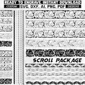 以下が含まれることがあります： 黒と白のスクロールパターンを特徴とするデジタルデザインパッケージ。デザインには、さまざまな装飾的なボーダーと装飾的な要素が含まれており、「SCROLL PACKAGE」と「READY TO ENGRAVE, INSTANT DOWNLOAD」というテキストが表示されています。