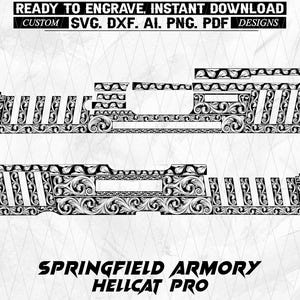 May include: A black and white digital design for a Springfield Hellcat Pro, featuring detailed floral scrollwork. The image includes the text "READY TO ENGRAVE, INSTANT DOWNLOAD" and "SPRINGFIELD ARMORY HELLCAT PRO". Available in SVG, DXF, AI, PNG, and PDF formats.