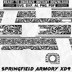 May include: Black and white vector designs for engraving, featuring floral scrollwork patterns. The image includes the text "READY TO ENGRAVE, INSTANT DOWNLOAD" and file type options. The Springfield Armory XD9 is also displayed.