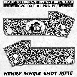 May include: Black and white vector designs for engraving, featuring ornate scrollwork and a central oval scene with a hunter and deer. The text reads "READY TO ENGRAVE" and "HENRY SINGLE SHOT RIFLE."