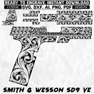 Op de afbeelding: Zwart-wit vectorontwerp van een Smith & Wesson SD9 VE pistool, met gedetailleerde bloemengravure. De afbeelding bevat de tekst "READY TO ENGRAVE, INSTANT DOWNLOAD" en bestandstype-opties.