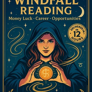 Op de afbeelding: Illustratie met de tekst "PROSPERITY & WINDFALL READING" en "Money Luck • Career • Opportunities". Een vrouw in een blauwe capuchon houdt een gouden munt met een dollarteken vast. De afbeelding heeft een donkerblauwe achtergrond met sterren en de tekst "DELIVERED IN 12 HOURS".