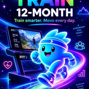Puede incluir: Un anuncio digital para una suscripción de entrenamiento iFIT de 12 meses con un personaje azul de dibujos animados corriendo frente a una cinta de correr. La pantalla muestra métricas de ejercicio como tiempo, distancia y calorías. Incluye iFIT TRAIN.