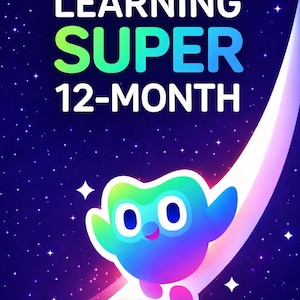 May include: A vibrant graphic with the words "LANGUAGE LEARNING SUPER 12-MONTH" in white, green, and blue. A colorful owl-like character flies along a rainbow-colored arc against a dark blue starry background.