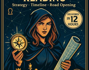 以下が含まれることがあります： 「Destiny & Life Blueprint Reading」のイラスト広告。コンパスと青写真を持つフード付きマントの女性が描かれています。チェスの駒が下にあります。「12時間で配達」というテキストが含まれています。