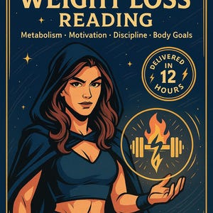 Puede incluir: Ilustración digital que promueve la lectura sobre fitness y pérdida de peso. La imagen presenta a una mujer con una capa con capucha azul oscuro, con el texto "Fitness & Weight Loss Reading". El texto adicional incluye "Metabolism, Motivation, Discipline, Body Goals". Un círculo dice "Delivered in 12 Hours."