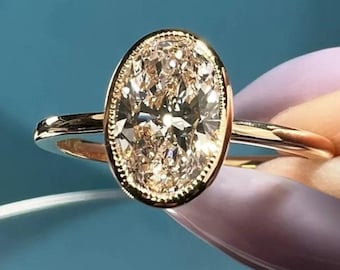 2 CT Fancy Bezel Setting Oval Moissanite Engagement Ring, Bezel Setting Oval Solitaire Ring, Oval Milgrain Wedding Ring, Ring Gift For Women