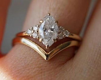 1ct Marquise Moissanite Engagement Ring Set, Marquise Diamond Wedding Ring Set, Promise Ring for Woman, 14K Solid Gold Anniversary Ring Set