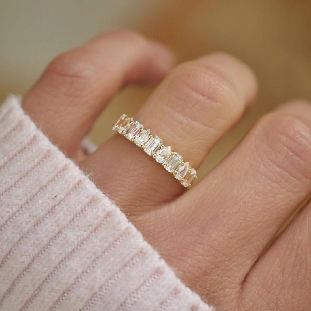 Moissanite Emerald & Pear Wedding Band 14K Gold Half Eternity Stacking ...