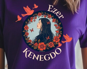 Ezer Kenegdo Portrait Tee White Woman edition Floral Wreath, Red Birds, Hebrew Text