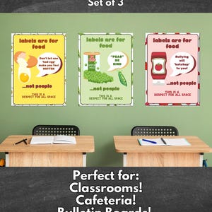 May include: Set of three educational posters with the text "Labels Are For Food, Not People!". Each poster features food illustrations and messages about respect. The posters are displayed above desks in a classroom setting.