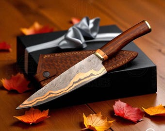 Handmade Copper Damascus Chef Knife: Rosewood Handle, Leather Sheath