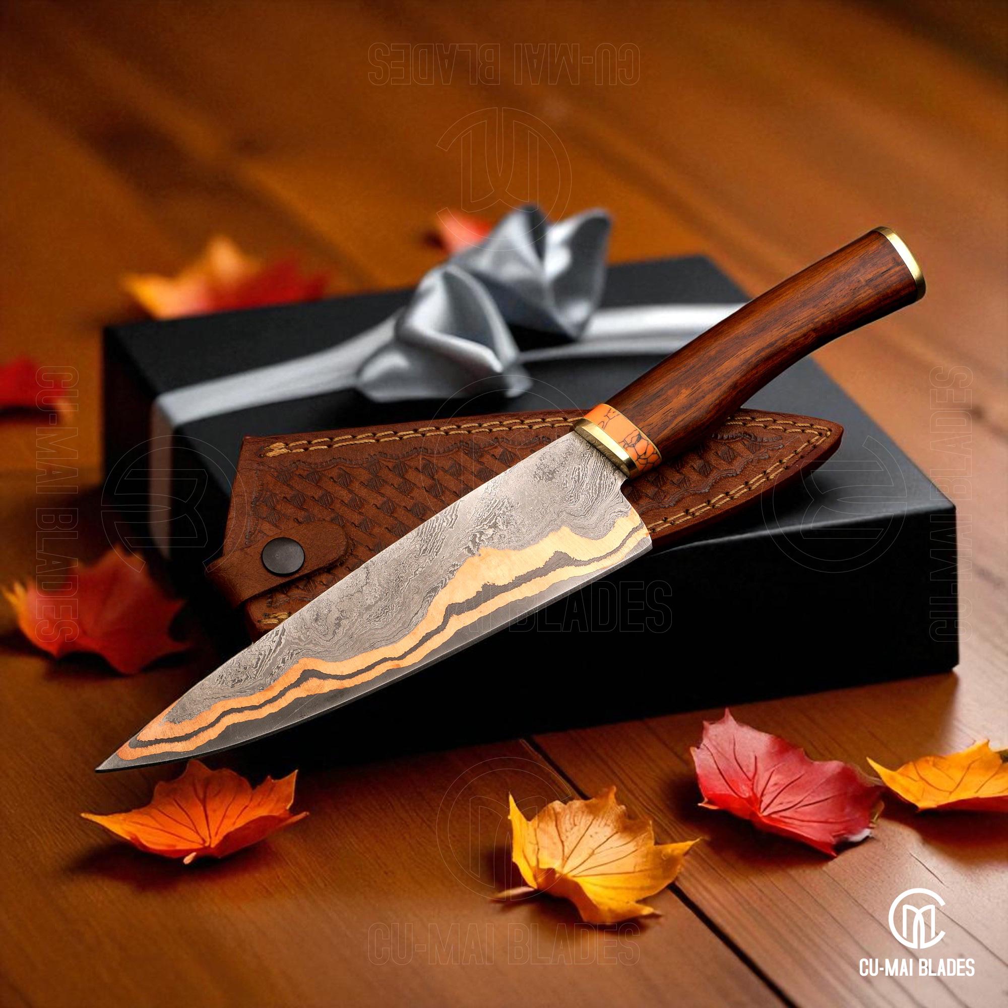 Handmade Copper Damascus Chef Knife: Rosewood Handle, Leather