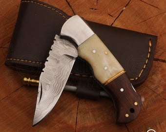 Handmade Damascus Steel Folding Knife: Rosewood & Camel Bone Handle