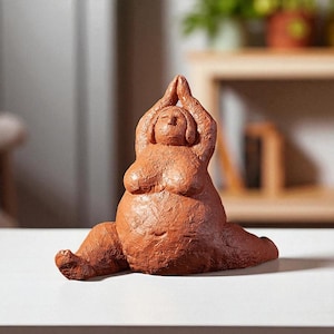 Könnte beinhalten: Eine terrakottafarbene Skulptur einer Person in einer sitzenden Yoga-Pose mit über dem Kopf gefalteten Händen. Die Figur hat einen runden Körper und sitzt mit ausgestreckten Beinen. Die Skulptur steht auf einer weißen Oberfläche.