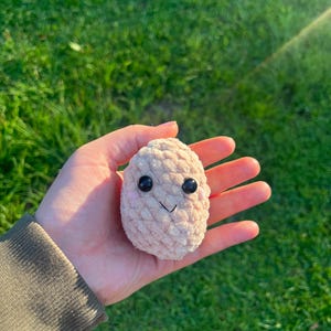 May include: A crocheted, light beige potato-shaped plush toy with black button eyes and a stitched smile. The plush is held in a hand against a backdrop of green grass.