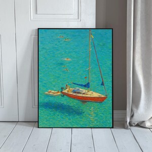Anchored Sailboat Art Print: Turquoise Coastal Scene (Digital Download)