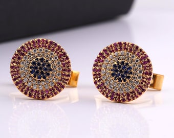 Ruby Sapphire Diamond Cufflinks 14K Gold Plated Wedding Cuff Links Luxury Men's Jewelry Gift for Him