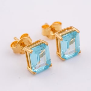 Aquamarine Asscher-Cut Stud Earrings 14K Gold Finish Sterling Silver