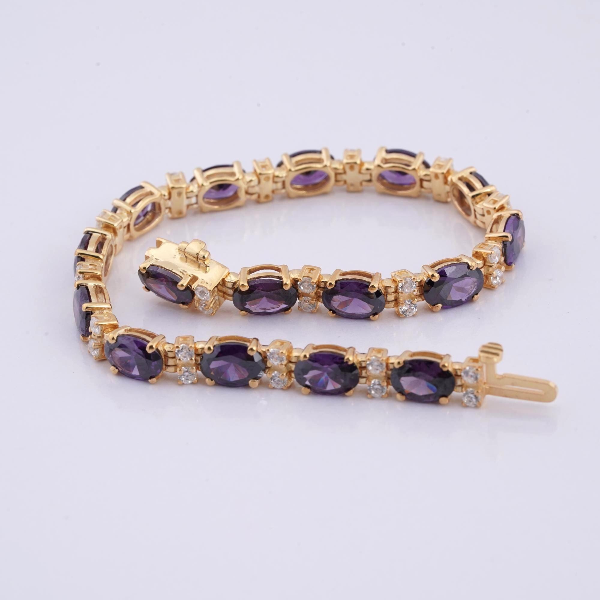 14K Gold Plated Amethyst Bracelet Sterling Silver Tennis Design Gift for Wife or Girlfriend