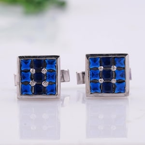 Minimalist Blue Sapphire Cufflinks | Unisex Formal Wear | Sterling Silver Western Jewelry