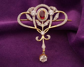 Broche de rubí y diamante estilo vintage / Oro de 14 quilates sobre plata de ley / Elegante broche llamativo