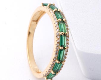 Emerald & Diamond Half Eternity Ring 14K Gold Plated May Birthstone