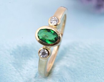 Emerald & 14K Gold Plated Sterling Silver Ring Three-Stone Gemstone Band
