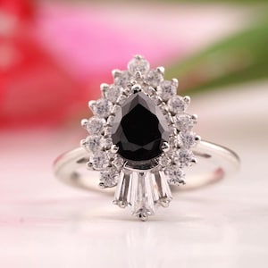 Black Diamond Marquise Engagement Ring | Vintage Art Deco Style | 14K White Gold Promise Jewelry