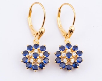 Blue Sapphire Flower Earrings | 14K Gold Leverback Dangle Earrings