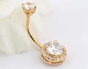 Anillo de ombligo para mujer con moissanita y halo de diamantes. Joya para el ombligo hecha a mano en oro de 14 quilates.