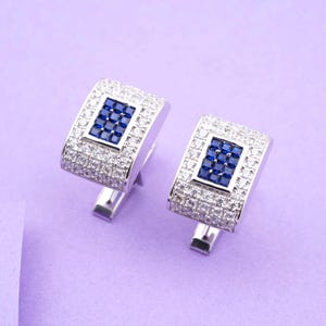 Minimalist Cufflinks with Moissanite & Blue Sapphire | 925 Sterling Silver | Handmade Unisex Formal Wear
