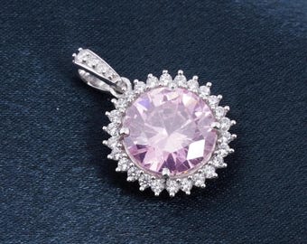 Naszyjnik z owalnym różowym szafirem i diamentową aureolą, wisior ze srebra próby 925