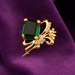 Emerald & Diamond Brooch Pin 14K Gold over Sterling Silver Wedding Jewelry