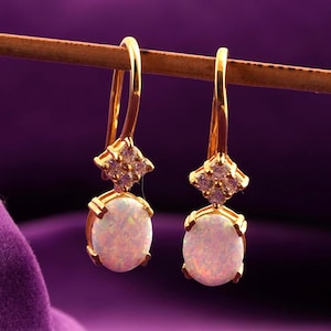 Opal Drop Earrings | 14K Yellow Gold Leverback Dangle Earrings | Diamond Accent Vintage Style | 925 Sterling Silver Women&#39;s Jewelry
