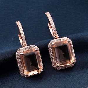 14K Rose Gold Morganite Drop Earrings Diamond Accent Leverback Jewelry