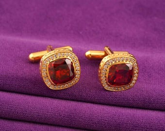 Red Ruby Cufflinks 14K Gold Plated Cushion Cut Gemstone Anniversary
