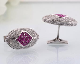 925 Sterling Silver Cufflinks Pink Ruby & Diamond Accent - Groom Gift