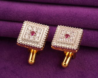 Ruby Diamond Cufflinks 14K Gold Plated Sterling Silver Formal Accessories