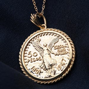 Mexican Centenario 50 Pesos Coin Necklace | 14K Gold Plated Pendant & Chain | Commemorative Jewelry Gift