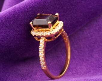 Emerald Cut Ruby Ring | Halo Engagement & Promise Ring | Petite Diamond July Birthstone Gift
