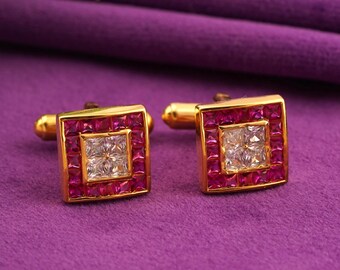 Pink Ruby & Diamond Cufflinks 14K Gold Plated Sterling Silver, Handmade Jewelry