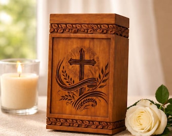 Wooden Cremation Urn – Christian Cross Wheat Engraved Memorial Box