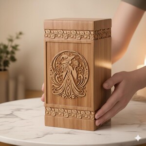 Pu&ograve; includere: Scatola di legno marrone chiaro con un disegno intagliato di una strega con un cappello che tiene una sfera di cristallo. Il disegno &egrave; incorniciato in un cerchio. La scatola ha una forma rettangolare con motivi a foglie.
