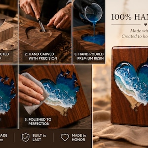 May include: A handmade wooden box with a heart-shaped ocean scene carved into the front. The ocean artwork is made with blue resin and white accents. The text on the image says "100% HANDMADE" and "Made with love. Created to honor forever."