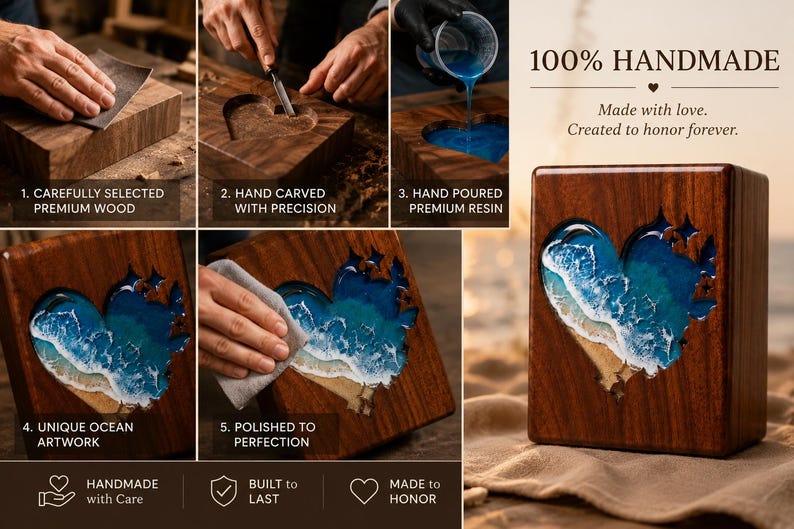 May include: A handmade wooden box with a heart-shaped ocean scene carved into the front. The ocean artwork is made with blue resin and white accents. The text on the image says "100% HANDMADE" and "Made with love. Created to honor forever."