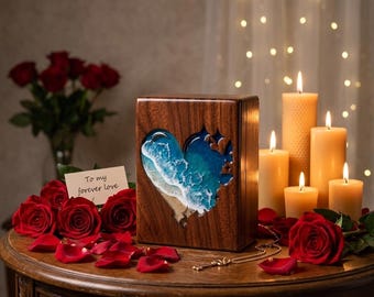Urna commemorativa a forma di onda oceanica, ceneri umane, tema spiaggia, ricordo costiero, design mare blu