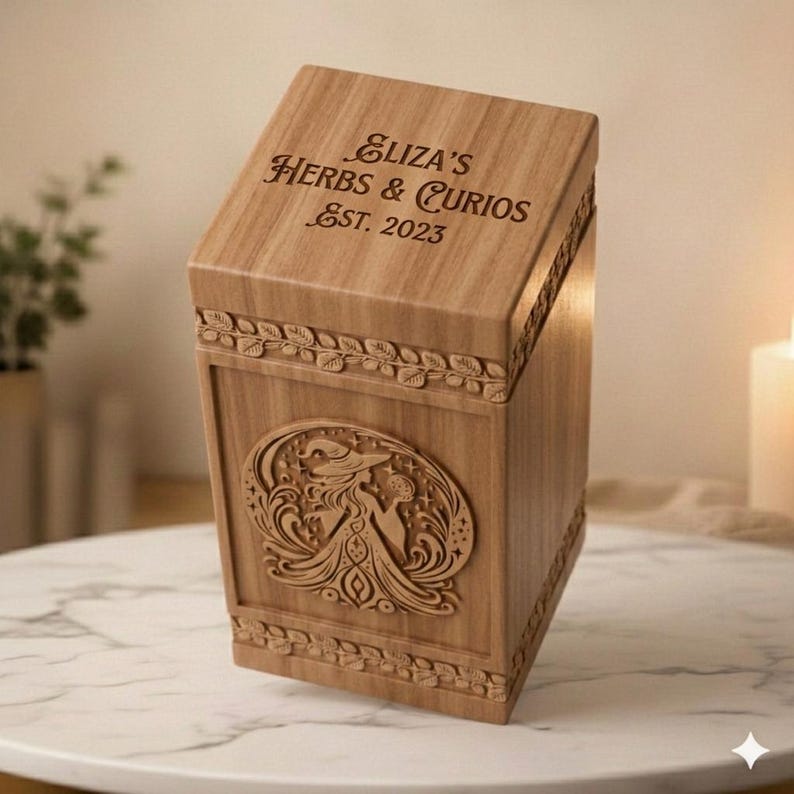 Pu&ograve; includere: Una scatola di legno marrone chiaro con il testo "Eliza's Herbs & Curios Est. 2023" inciso sulla parte superiore. La scatola presenta un disegno intagliato di una strega ed elementi celesti. La scatola ha motivi decorativi a foglie.