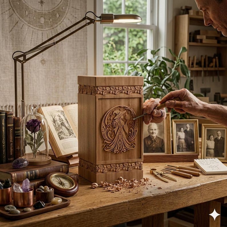 Pu&ograve; includere: Un'urna in legno con intagli intricati, con un disegno circolare centrale e bordi decorativi. L'urna viene intagliata a mano su un tavolo di legno, circondata da strumenti, libri e foto incorniciate. Una lampada da scrivania illumina la scena.
