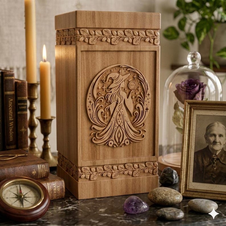 Pu&ograve; includere: Una scatola di legno con un disegno intagliato di una strega in un cerchio, circondata da stelle e una luna crescente. La scatola ha una forma rettangolare con intagli di foglie e viti. La scatola &egrave; su un tavolo con libri, candele e una bussola.